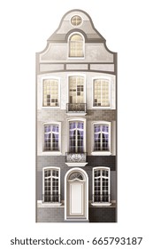 Old european facade house composition with isolated flat three storeyed building with mansard type attic floor vector illustration