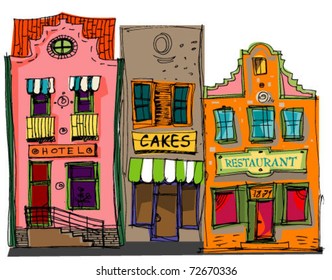 Old european facades. Vintage architecture and elements. Cartoon. Caricature.