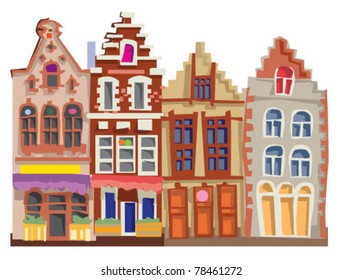 Old european facades. Vintage architecture and elements. Cartoon. Caricature.