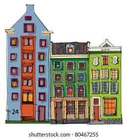 Old european facades. Vintage architecture and elements. Cartoon. Caricature.