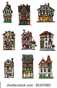 Old european framework facades. Vintage architecture and elements. Cartoon. Caricature.