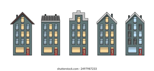 old european house apartment building front view set vector flat illustration