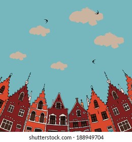 Old European house. Brussels, Belgium. Hand drawn sketch.  Vector background.