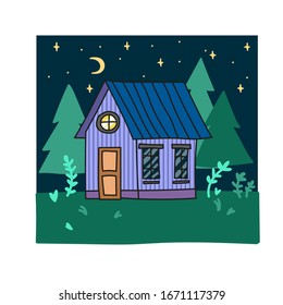 Old european house in fairy forest isolated on dark night background. Hand drawn sketch in doodle style. Vector illustration. Cozy house flat vector greeting card template.