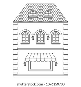 Old  european house with store on the ground floor. Flat outline drawing. Vector illustration isolated on white background