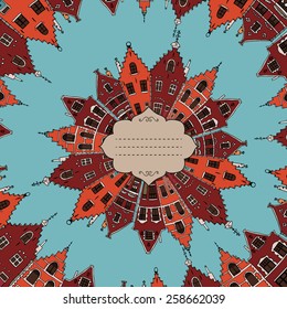 Old European houses. Belgium. City skyline. Hand drawn sketch. Vector illustration. Vintage round ornament.