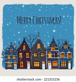 Old European houses. Belgium. Hand drawn sketch in doodle style. Vector illustration. Vintage christmas card. Hand drawn sketch in doodle style.