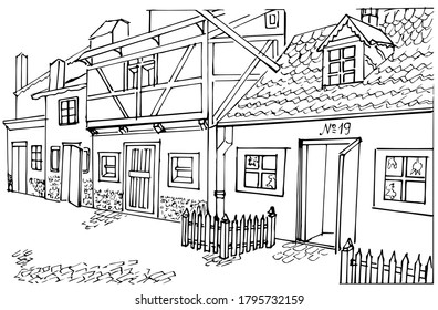 Old European houses. Cozy medieval street. Vector linear drawing. Hand-drawn. Coloring page for children and adults.