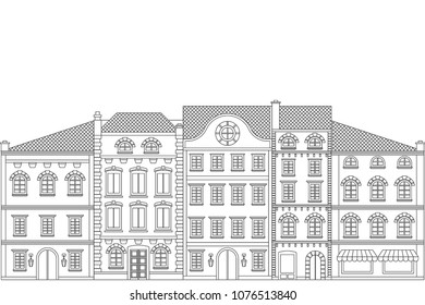 Old european houses. Flat outline drawing. Vector illustration isolated on white background