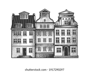 viejas casas europeas esbozan ilustraciones vectoriales de grabado. Diseño de impresión de ropa de camiseta. Imitación de tablero de raquetas. Imagen dibujada a mano en blanco y negro.