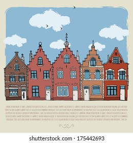 Old European houses. View of Brugge, Belgium. Hand drawn sketch. Vector illustration. Vintage card.