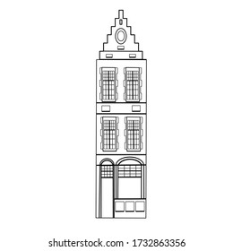 Old European house.Scandinavian city.Dutch house.Stylized facade of old buildings.Vector template.Sketch for anti-stress adult coloring book in zen-tangle style.Vector illustration for coloring page 