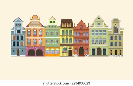 Old European street houses. Clipart isolate. Vector illustration.