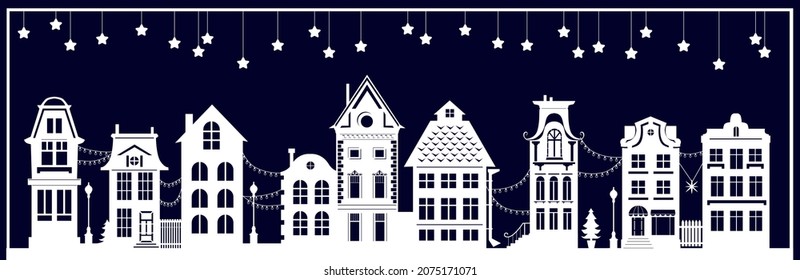 Old european town cartoon filigree papercut vector illustration panorama. silhouette of the street. Openwork vector template  New Year's cristmas home decoration