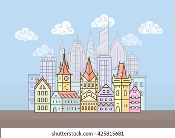 Old european town. City skyline. Town buildings vector illustration