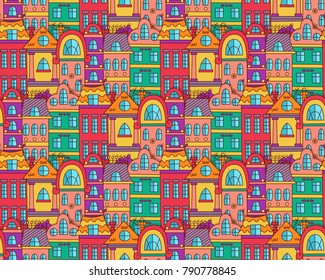 Old european town houses street city view seamless vector pattern