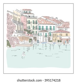 Old european town on the lake. Sketch and colorful background. Vector illustration. svg