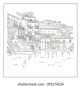 Old european town on the lake. Sketch. Vector illustration. svg