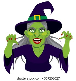 Old evil scary green skin witch with menacing expression showing claws isolated on white background