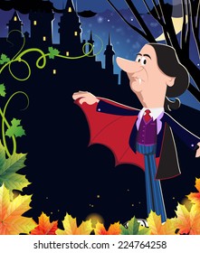 Old evil vampire near the ancient castle with glowing windows. Halloween night scene 