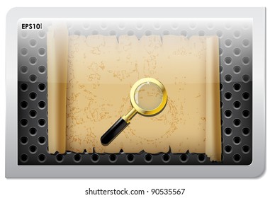 Old expand scroll with magnifying glass in iron box