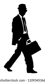 Old Experienced Lawyer With Suitcase Walking Vector. Elegant Senior Gentleman Silhouette. Mature Businessman. Old School Teacher. Man In Suit With Hand In Pocket. Secret Service Member. Double Agent.