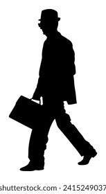 Old experienced lawyer with suitcase walking vector. Elegant senior gentleman silhouette. Mature businessman. Old school teacher. Man in suit, tie hat with hand in pocket. Secret service member agent.