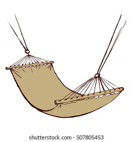 Old fabric sling hang on tree for swing isolated on white backdrop. Freehand ink hand drawn icon sketchy in art scribble retro style pen on paper with space for text