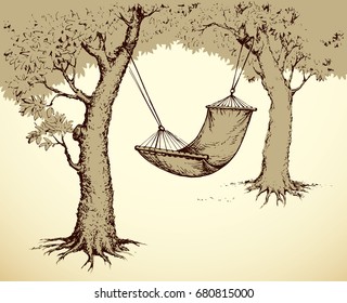 Old fabric sling in shadow of aged oaks for swing isolated on white backdrop. Freehand line black ink hand drawn picture sketchy in art scribble retro style pen on paper with space for text on sky