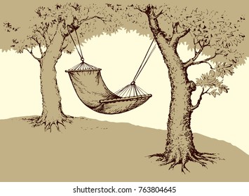 Old fabric sling in shadow of aged oaks for swing isolated on white backdrop. Freehand line black ink hand drawn picture sketchy in art scribble retro style pen on paper with space for text on sky
