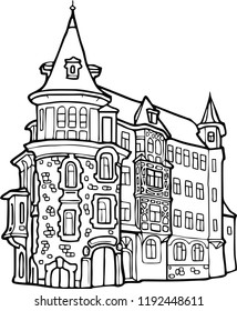 An old facade of a castle with a small tower and a lot of windows. 
Hand drawn vector illustration. 