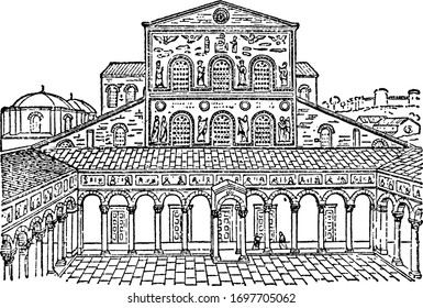 Old Facade of St. Peter's,  papal enclave within the city of Rome,  Renaissance architecture, the largest churches in the world, vintage line drawing or engraving illustration.