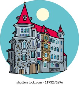 An old facade of a stone castle with a small tower and a red roof in moonlight. 
Hand drawn vector illustration. 