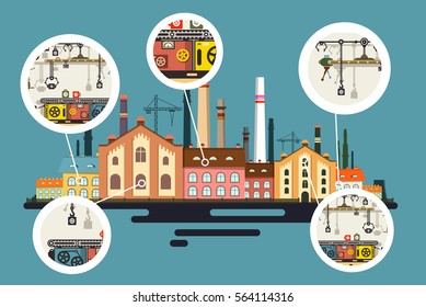 Old Factory With Chimney Stacks. Industrial Flat Design Vector Building With Line Of Production In Bubbles