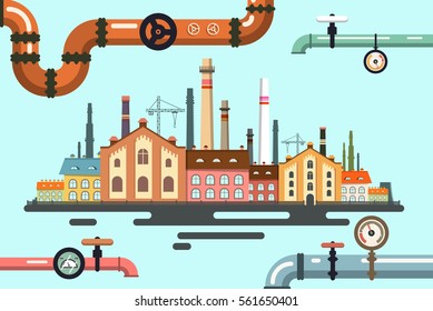 Old Factory With Pipeline. Vector Flat Design Illustration.