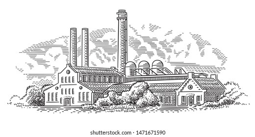 Old Factory (plant) Engraving Style Illustration. Vector, Sky In Separate Layer.
