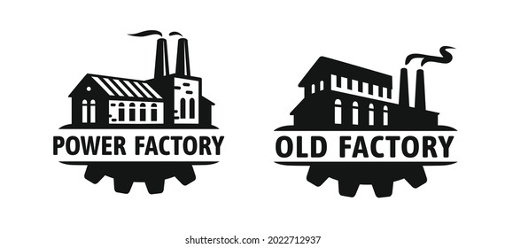 Old factory vector black logo. Industrial manufacturing building