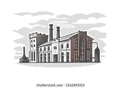 Old factory vector. Engraving style drawing. Plant sketch building emblem.