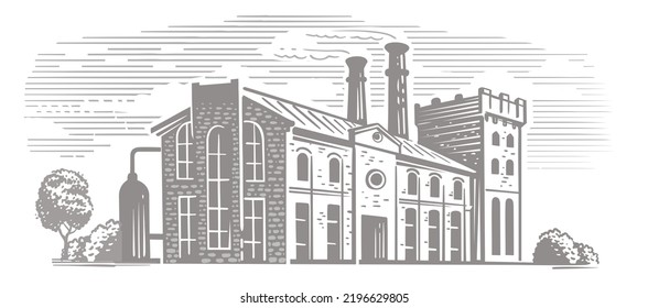 Old factory vector. Engraving style drawing. Plant sketch building emblem.