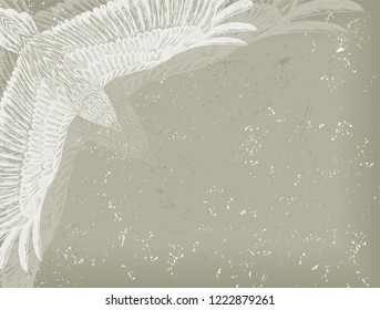 Old faded background with animal pattern. Flying double bird.Vintage backdrop.To be used for tattoo salon. Printed tee.Vector illustration. Hand drawn white wild animal. China style.