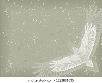 Old faded background with animal pattern. Flying double bird.Vintage backdrop.To be used for tattoo salon. Printed tee.Vector illustration. aged paper background.Hand drawn white wild bird. Horizontal