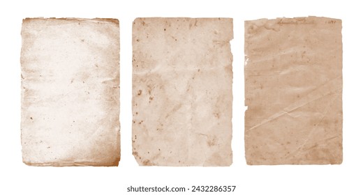 Old faded stained paper pages with ripped edges. Antique vintage brown sheets, kraft paper