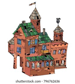 Old fairy brick house or mansion. Color vector illustration.