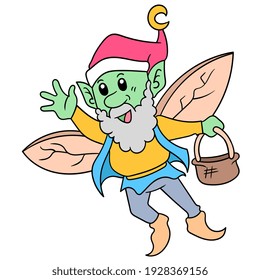 The old fairy dwarf flew home carrying an empty basket, vector illustration art. doodle icon image kawaii.