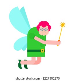 Old Fairy isolated. Grandmother magical. Tiny creature with wings. Flying Mythical fabulous character and magic wand
