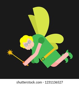 Old Fairy isolated. Grandmother magical. Tiny creature with wings. Flying Mythical fabulous character and magic wand
