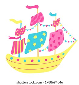 Old fairy sailing ship decorated with flags and garlands. Hand drawn vector illustration isolated on white background. Yellow, turquoise and pink colors. Great for kids design.