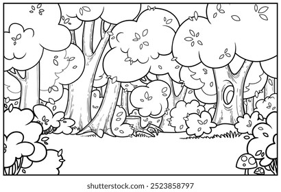 Old fairy tale forest with glade outlined for coloring page isolated on white horizontal background. Image produced without the use of any form of AI software at any stage.