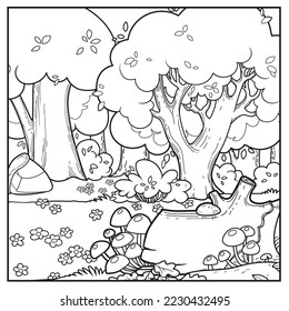 Old fairy tale forest and meadow with flowers outlined variation for coloring page isolated on white background