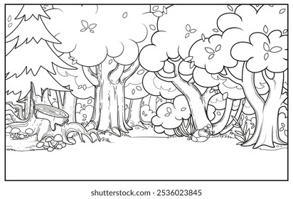Old fairy tale forest and meadow horizontal background outlined variation for coloring page. Image produced without the use of any form of AI software at any stage.